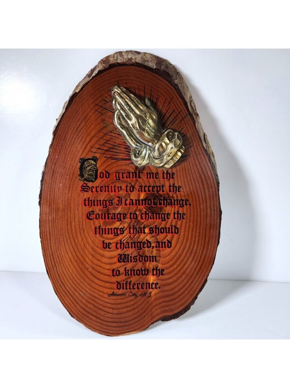 Serenity Prayer Vintage Wood Slab Live Edge Wall Art Praying Hands Hanging